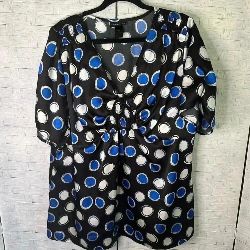 Lane Bryant Womens polkadot blouse, black & blue Y2K Hemeon hippie plus‎ size